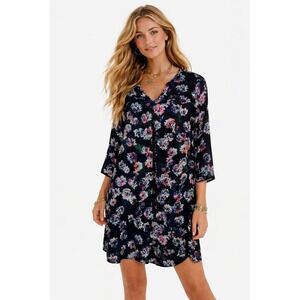 Decree Black Floral‎ Sheer Pleated Roll 3/4 Sleeve Shift Dress Size S